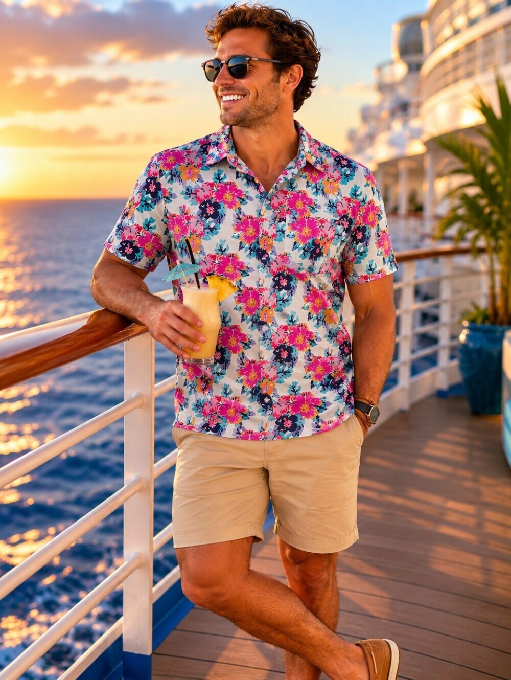 Chubbies Tropical Hibiscus Floral Button Front Shirt Men's Medium Pink Hawaiian